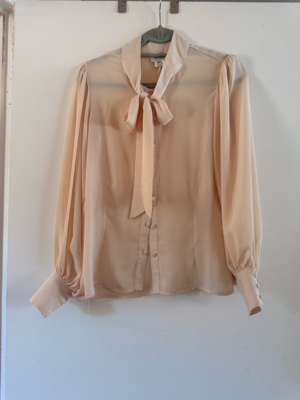Unique Vintage Ivory Tie-Neck Blouse
